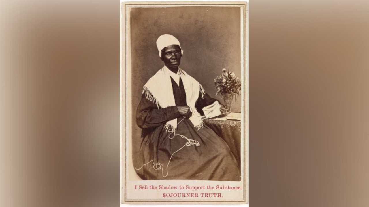 Sojourner Truth Postcard that shows her knitting and was sold to finance her trips.