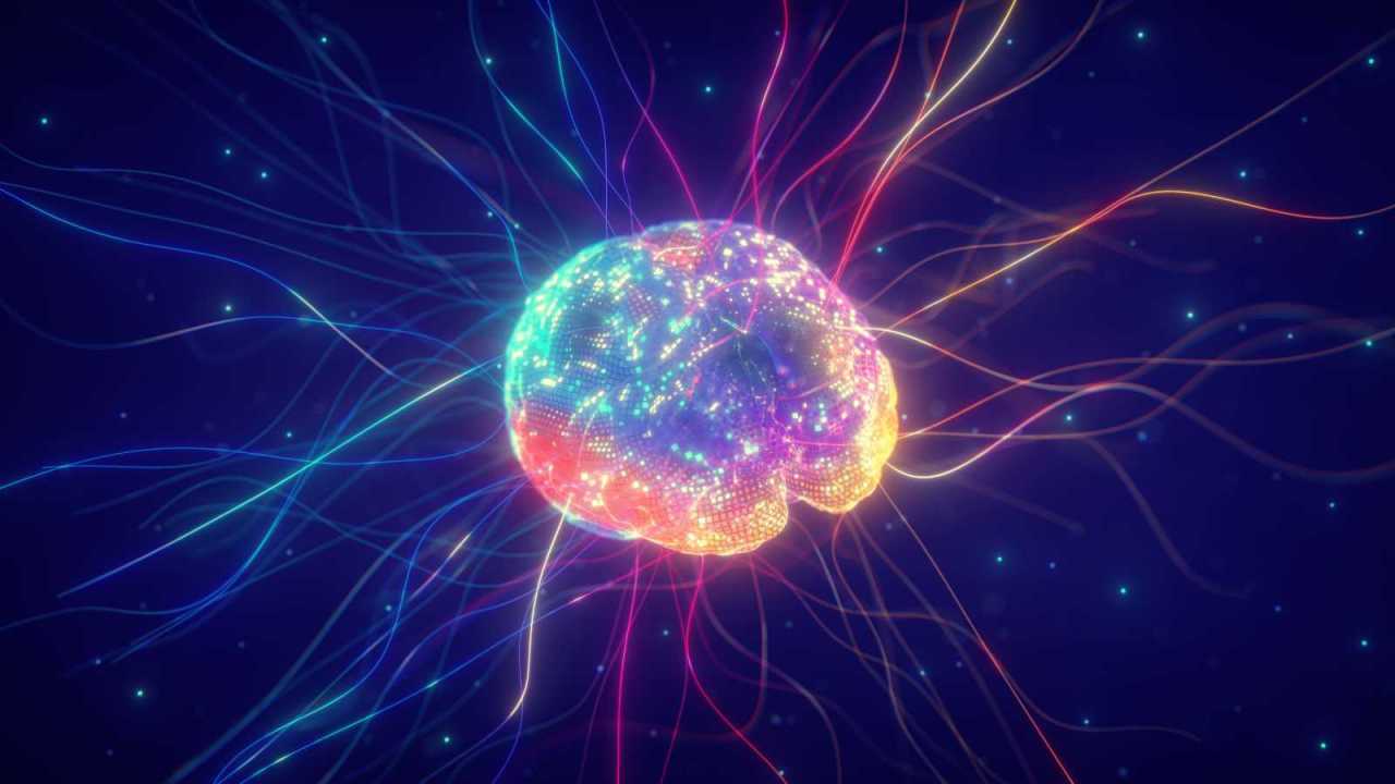 Colorful digital Brain with neural connections radiating outwards.