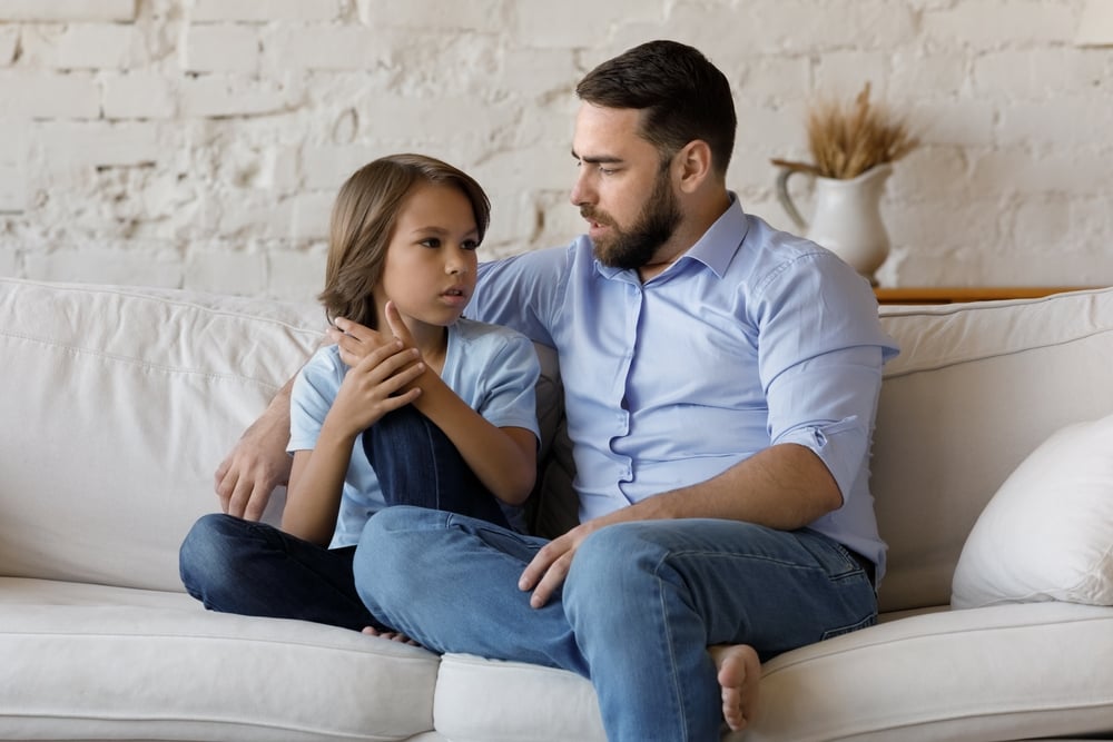 Serious,Father,Listen,To,His,Pre-teen,Little,Son,Talking,Seated